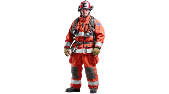 Firefighter Hero: A solitary firefighter, clad in vibrant protective gear, stands ready, symbolizing courage, resilience, and unwavering commitment in the face of peril. 