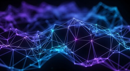 Abstract digital network with glowing nodes and lines, creating a complex web of connections in vibrant blue and purple hues
