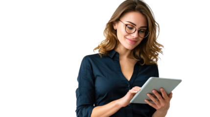 Smart Technology and Business: A modern business woman, engrossed in the latest technology, confidently engages with a sleek tablet, displaying an air of modern efficiency.