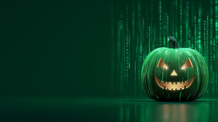 Halloween pumpkin with futuristic technology , digital light on black , green background