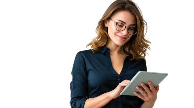 Smart Technology and Business: A modern business woman, engrossed in the latest technology, confidently engages with a sleek tablet, displaying an air of modern efficiency.