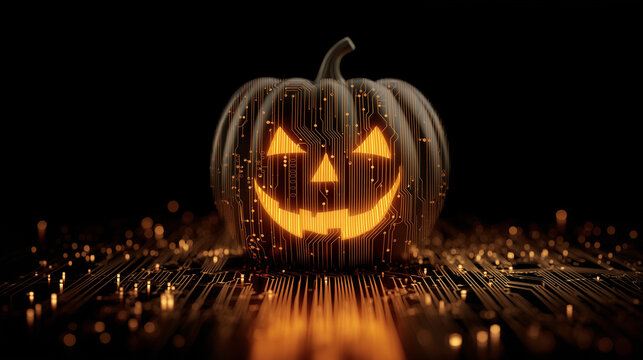 Halloween pumpkin with futuristic technology , digital light on dark   background