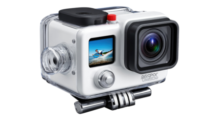 Action Camera: A sleek, rugged action camera, perfect for capturing adventures in any environment. Designed for adventurers. It is a symbol of adventure and freedom.