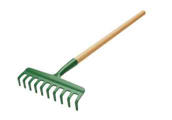 Isolated 3D Render of a Green Garden Rake with Wooden Handle