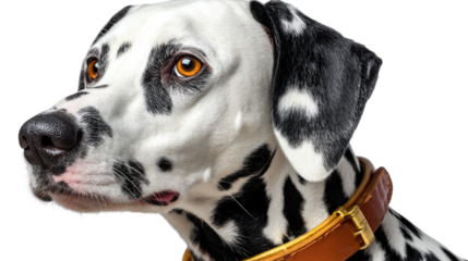 Dalmatian Portrait: A captivating close-up portrait of a Dalmatian dog with its distinctive black and white spotted coat, showcasing its alert gaze and intelligent eyes.