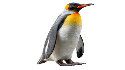 Fototapeta premium Regal King Penguin Portrait: A majestic king penguin stands confidently in a clean studio setting, showcasing its striking plumage and regal presence.