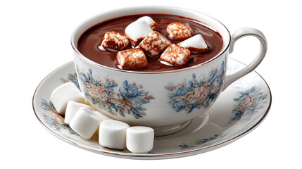 Hot Chocolate with Marshmallows: A cozy close-up of a cup of rich hot chocolate adorned with fluffy marshmallows, resting elegantly on a floral-patterned saucer.