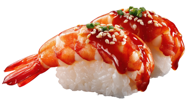 Savory Shrimp Sushi: A close-up studio shot of two meticulously crafted shrimp sushi pieces, showcasing fresh seafood ingredients, expertly prepared and presented in a photorealistic setting.