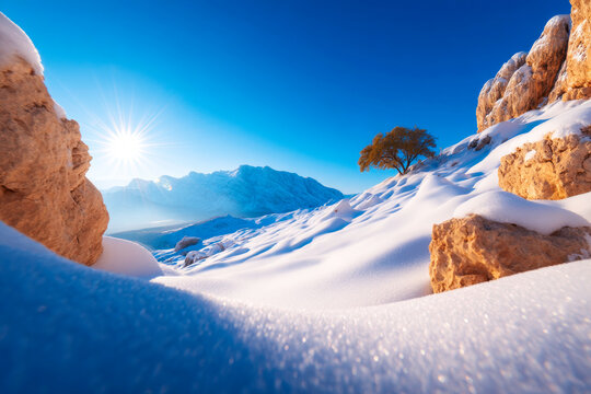 Snowy mountain landscape with lone tree and rock minimalist alpine wilderness