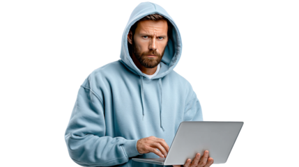 Intense Focus: A man wearing a hood, engrossed in his work at a laptop, staring intensely, conveying focused concentration and the solitary nature of digital endeavors.