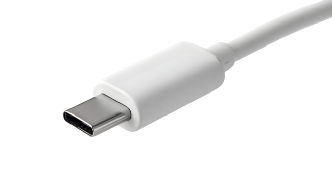Close-up of a USB-C cable connector. It showcases a modern design for fast data transfer and charging. Ideal for tech enthusiasts and gadget lovers.