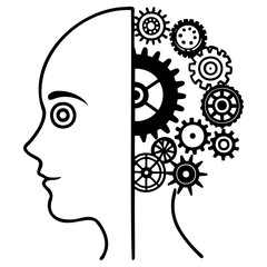 Human head profile with gears inside representing the mind and mechanical thinking