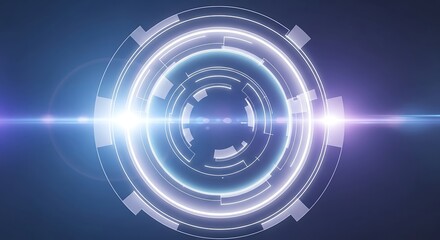 Futuristic glowing circular technology interface with blue and purple light and lens flare