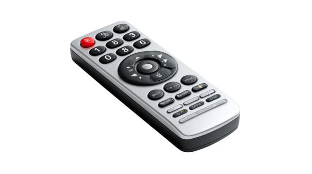 Remote Control: A close-up shot of a sleek, modern remote control, showcasing its buttons, design, and functionality. Designed for effortless control of media and devices.