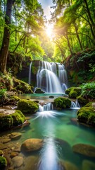 Sunlit cascade, gentle waterfall flowing among mossy rocks in verdant forest