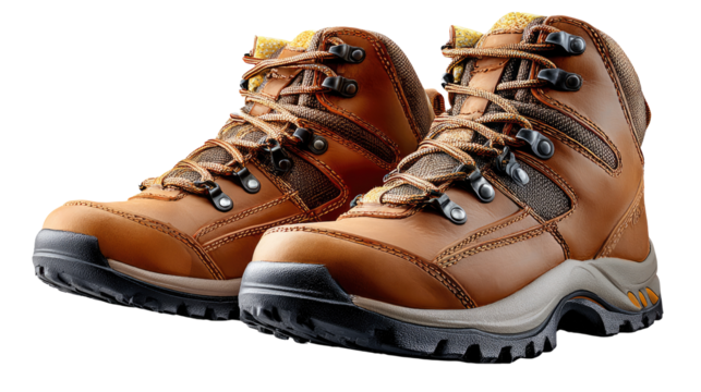 Outdoor Footwear: Two meticulously crafted hiking boots are displayed, showcasing a fusion of sturdy construction and practical design elements. Focused on durability and comfort for rugged terrains.