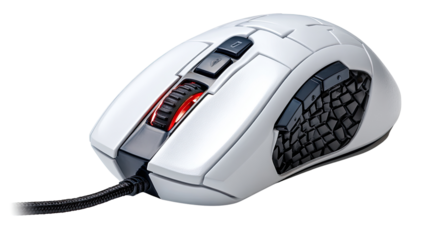 Ergonomic Computer Mouse: High-angle shot of a sleek, modern computer mouse, showcasing its design with precise detailing and its integration of a wired connection for seamless performance. 