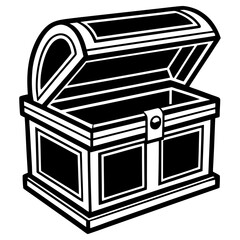 An open, empty wooden treasure chest with metal reinforcements and a lock, in a black and white illustration