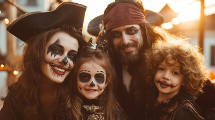  portrait of a happy  family  in a halloween costume and mask , halloween vampire with a scary face ,