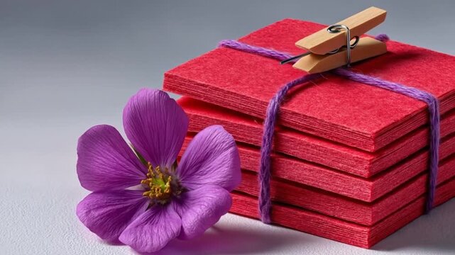 Red Felt Squares Tied with Purple String, Adorned with Flower and Clothespin