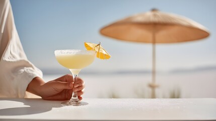 Hand holding margarita cocktail with lemon at beachside umbrella  