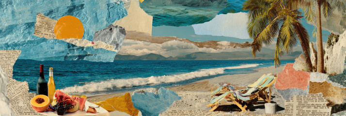 Panorama view of retro tropical beach with collage art abstract background. Generative ai.