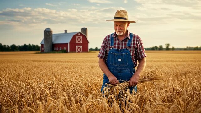 Mature man, a farmer, standing in a large golden wheat field at sunset, holding bundles of harvested grain, agriculture footage.