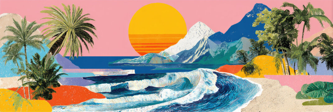 Panorama view of retro tropical beach with collage art abstract background. Generative ai.