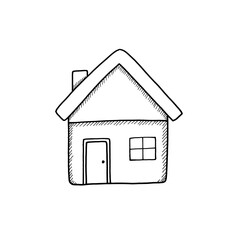 Hand-drawn icon Simple line drawing of a house with a chimney, door, and window, isolated on a white background.