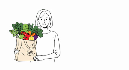 Smiling woman holds reusable bag filled with fresh vibrant produce