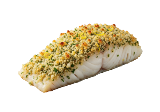 A single, perfectly baked cod fillet with crispy golden-brown lemon and herb breadcrumb crust on a clean seamless transparent background, showcasing culinary perfection and appetizing presentation