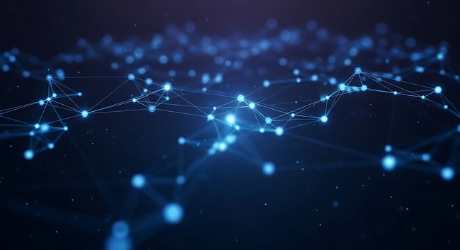 Abstract glowing blue network of connected dots and lines on a dark background, representing technology and data