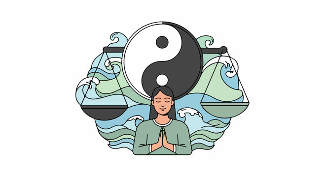 Woman finding inner balance with scales and yin yang symbol amidst flowing waves