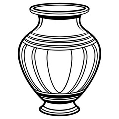 A black and white line drawing of a classic vase with decorative bands and vertical lines