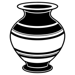 A black and white illustration of a traditional clay pot with horizontal stripes