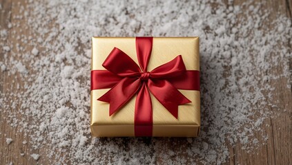 Golden Gift Box with Red Ribbon and Bow on Wooden Background with Snow Dust.