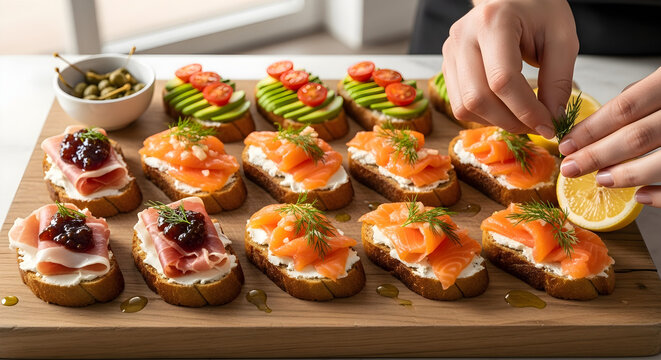 Artfully arranged gourmet open-faced sandwiches with salmon avocado and prosciutto prepared for elegant entertaining or catering