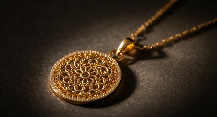 Golden necklace with floral filigree pendant and sparkling diamonds, luxury jewelry.