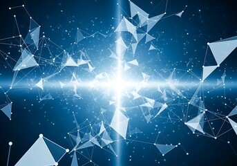 Bright glowing digital network of interconnected triangles and particles symbolizing data flow and technology
