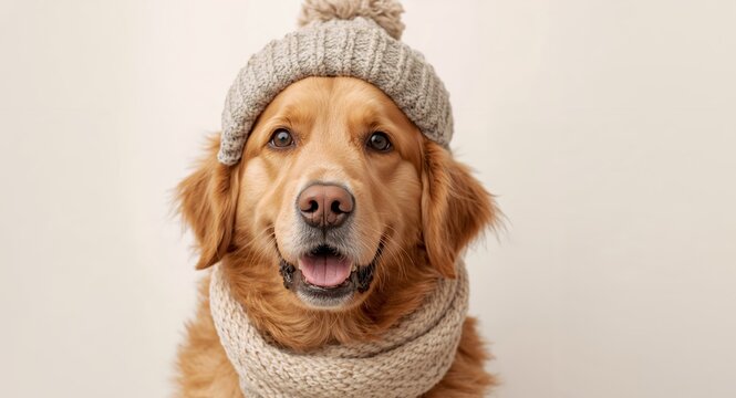 Golden Retriever Portrait with Winter Hat and Scarf, Cute and Cozy Look.