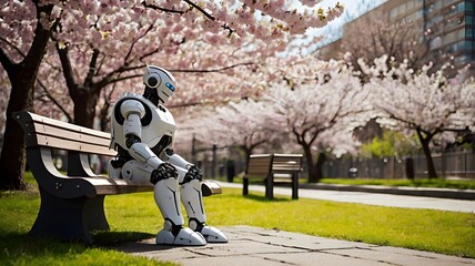 A futuristic robot sitting on a park bench under cherry blossom trees, blending technology and nature, deep contrast in storytelling