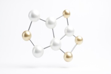Obraz premium Futuristic 3D visualization of a collagen molecule with pearlescent white and pale gold spheres, showcasing an elegant scientific network design.