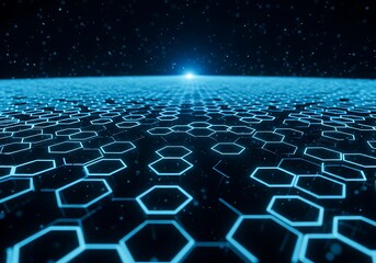 Obraz premium Abstract futuristic digital technology background with glowing blue hexagonal geometric patterns and a bright light in the distance