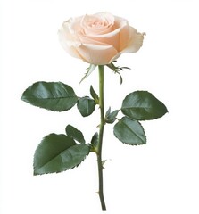Obraz premium Single Light Pink Rose Blossom With Green Leaves On White Background