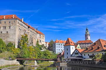 Cesky Krumlov Castle and the Vltava River cityscape, Czech Republic,autumn season