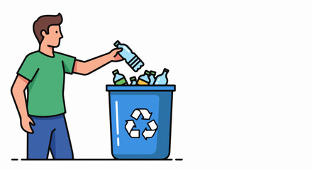 Man recycling plastic bottles into blue bin with universal recycling symbol