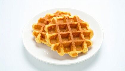 Two golden Belgian waffles stacked on a white plate, a delicious classic breakfast or dessert, isolated on a clean white background.