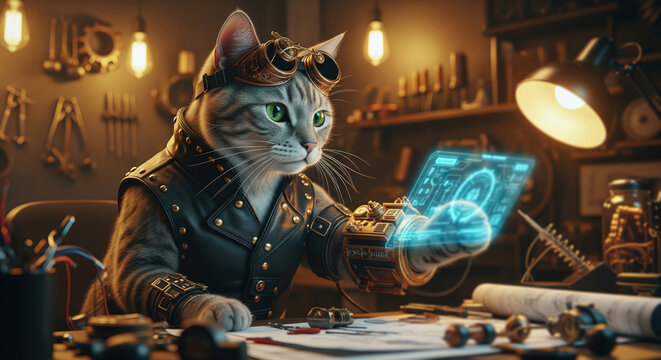 3d render of a smart cat engineer in a steampunk costume using a futuristic holographic interface in a workshop