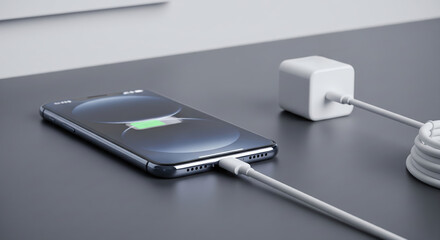 Modern 3d render of a smartphone charging on a dark table with a white cable and power adapter in a minimalist setting