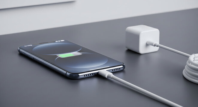 Modern 3d render of a smartphone charging on a dark table with a white cable and power adapter in a minimalist setting